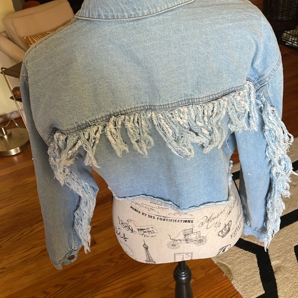 Taxi Cropped Jean Jacket With Fringe and Distressing - Picture 5 of 11